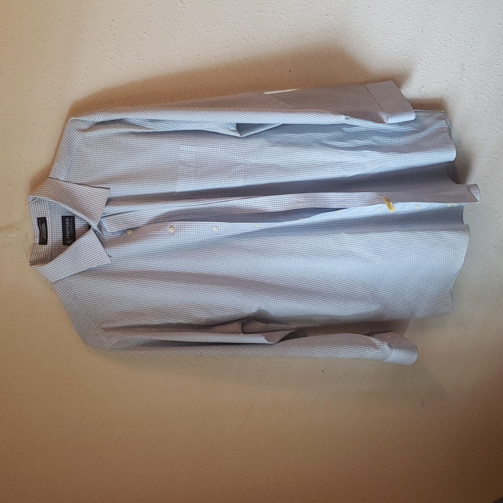 Stafford dress shirt 17 1/2 34/35 checkered white blue